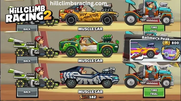 Muscle car driving on a hilly track in Hill Climb Racing 2