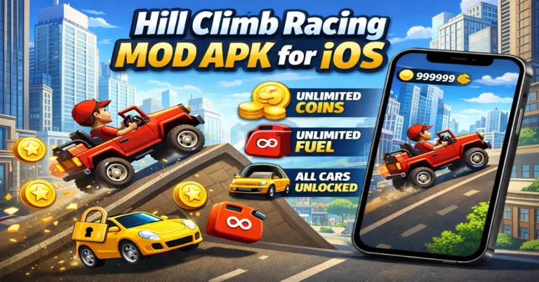 Player driving a vehicle in Hill Climb Racing on an iPhone screen