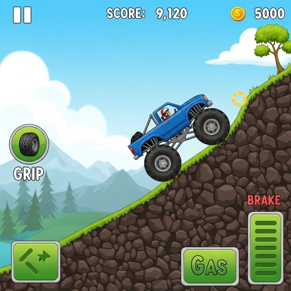 Player using intuitive controls while driving on challenging terrain in Hill Climb Racing 2