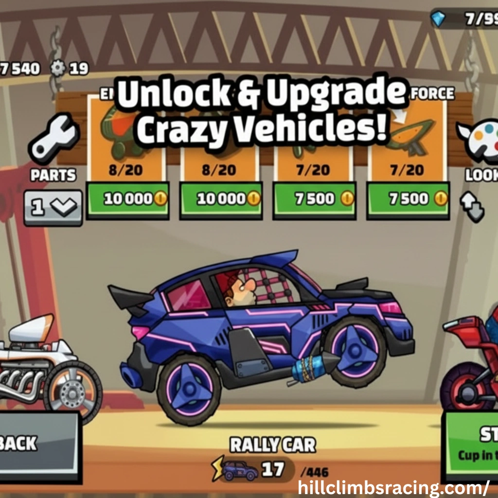 Vehicle being upgraded with performance parts and appearance changes in Hill Climb Racing 2