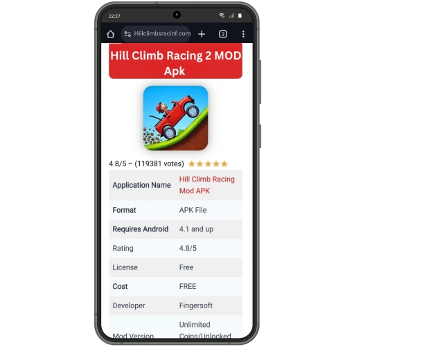 Website page displaying the download button for Hill Climb Racing 2 MOD APK