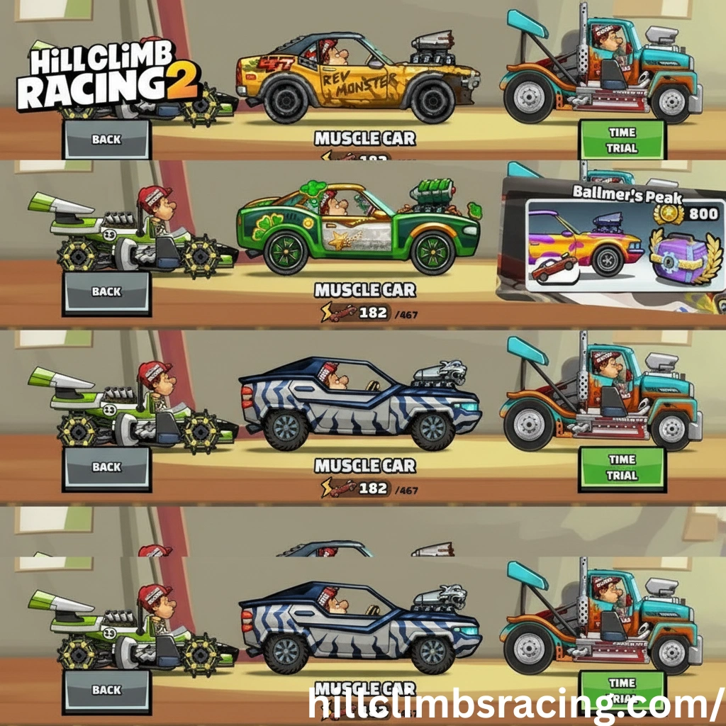Garage screen displaying multiple vehicles available in Hill Climb Racing 2