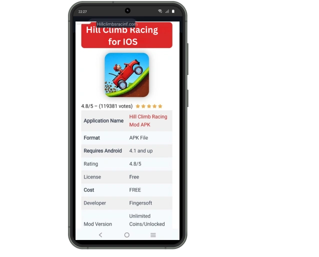 iPhone screen showing App Store search results for Hill Climb Racing