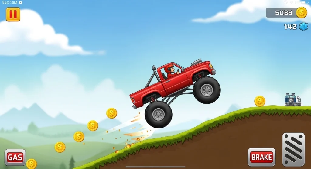 Hill Climb Racing game running on an iPhone showing a vehicle driving over hills