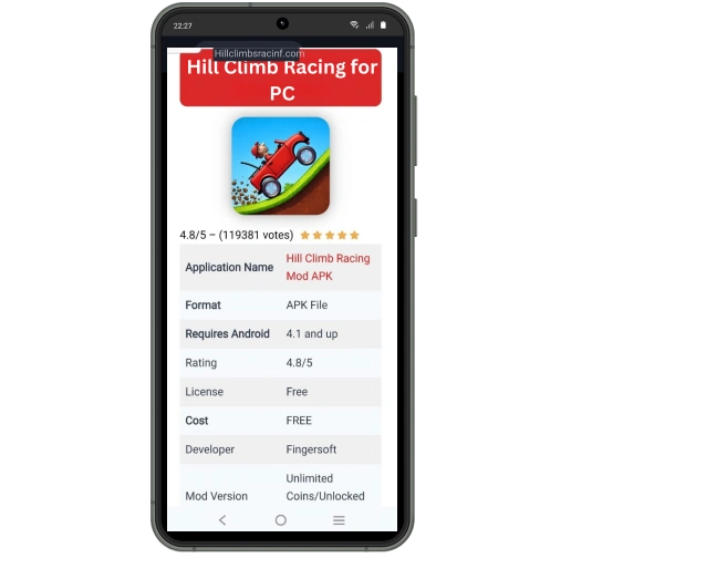 Computer screen showing the download page for Hill Climb Racing MOD APK