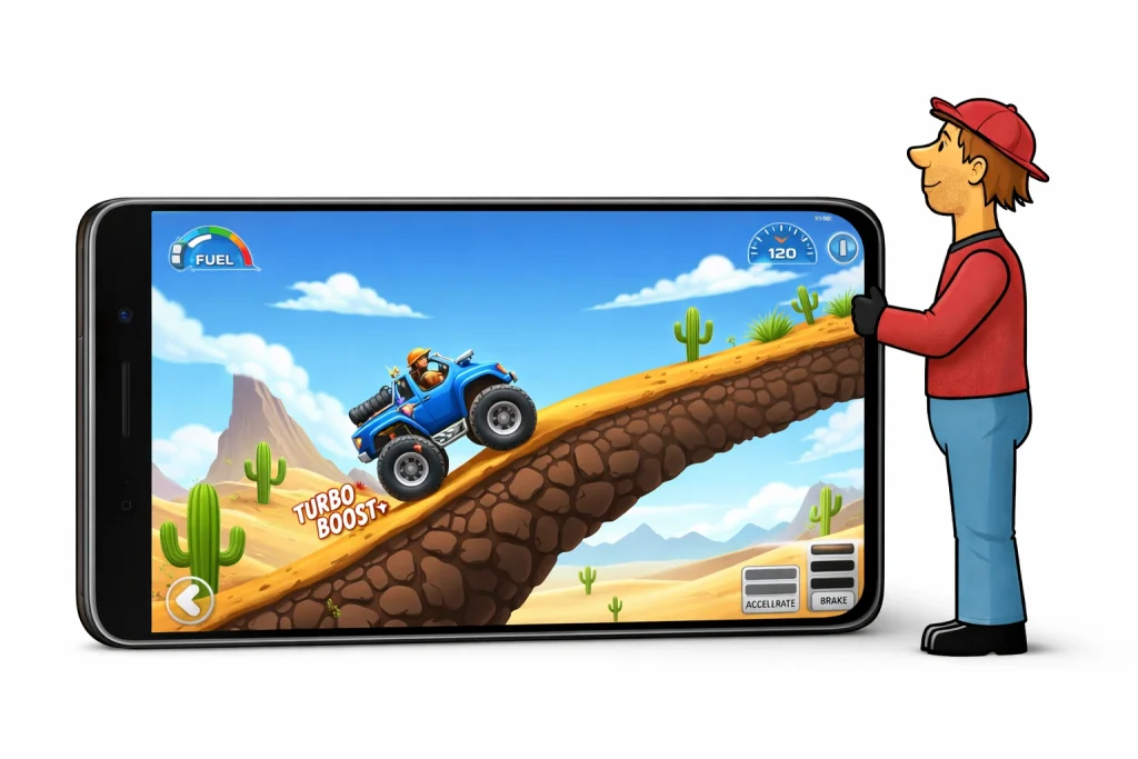 Hill Climb Racing gameplay running on a PC with a larger display for better visibility