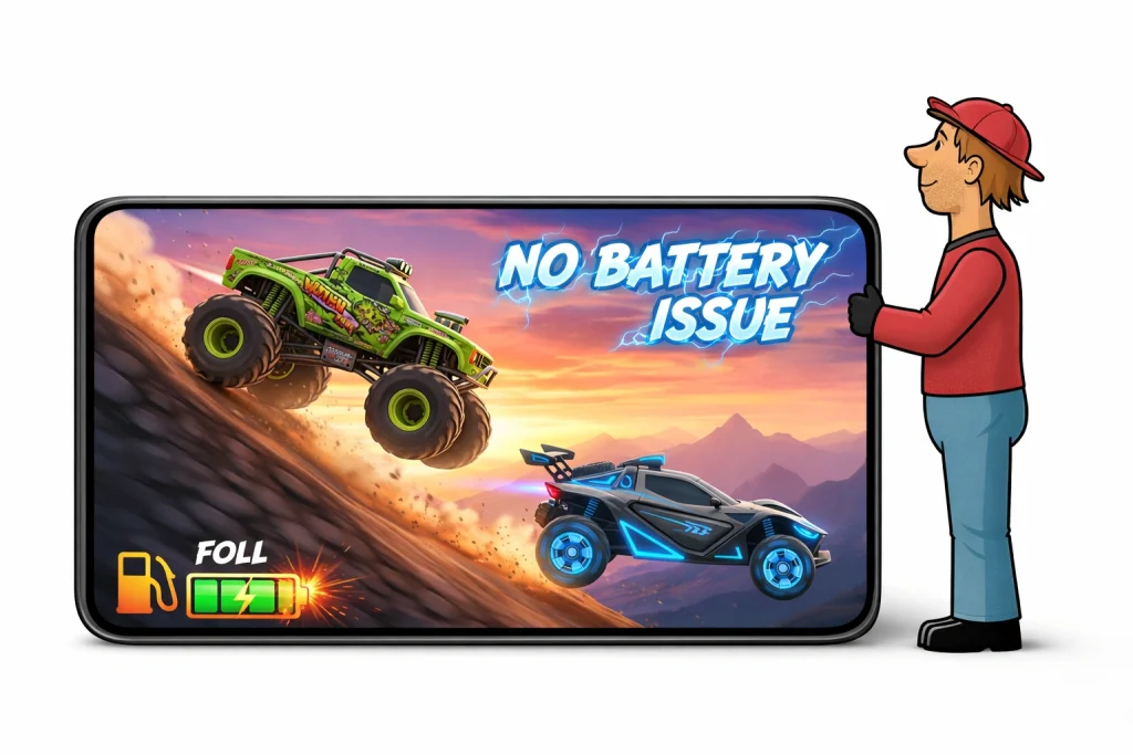 Hill Climb Racing gameplay running on a desktop computer without battery restrictions