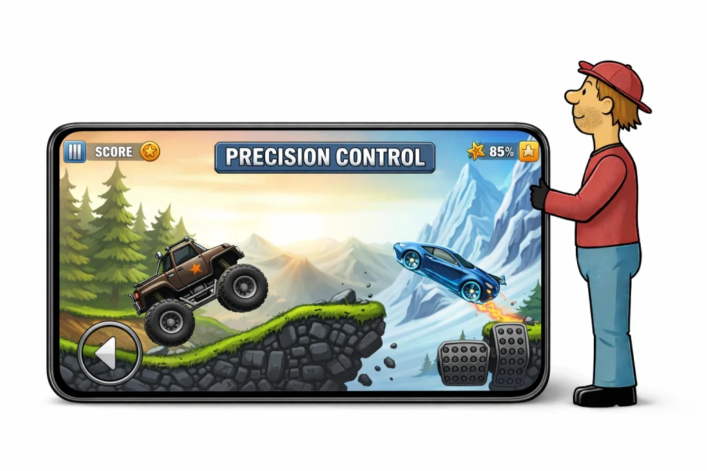Player controlling the vehicle in Hill Climb Racing using keyboard controls on a PC