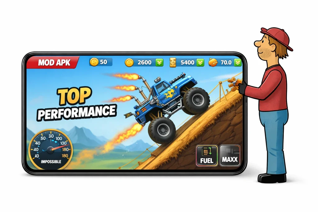 Gameplay of Hill Climb Racing running smoothly on a PC with stable performance
