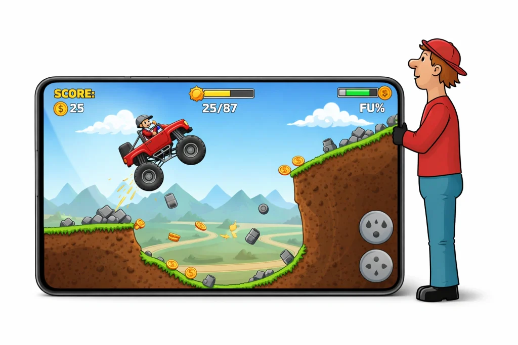 Hill Climb Racing gameplay showing vehicles reacting realistically to terrain and obstacles on iPhone