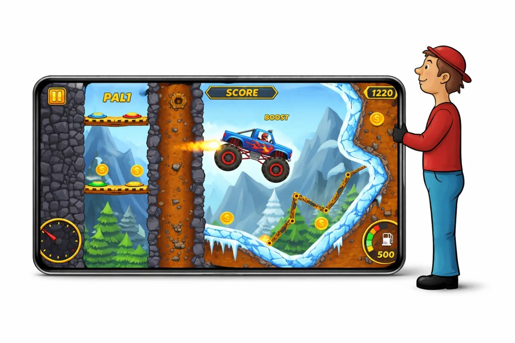 Hill Climb Racing gameplay showing a vehicle navigating narrow and tight tracks on iOS