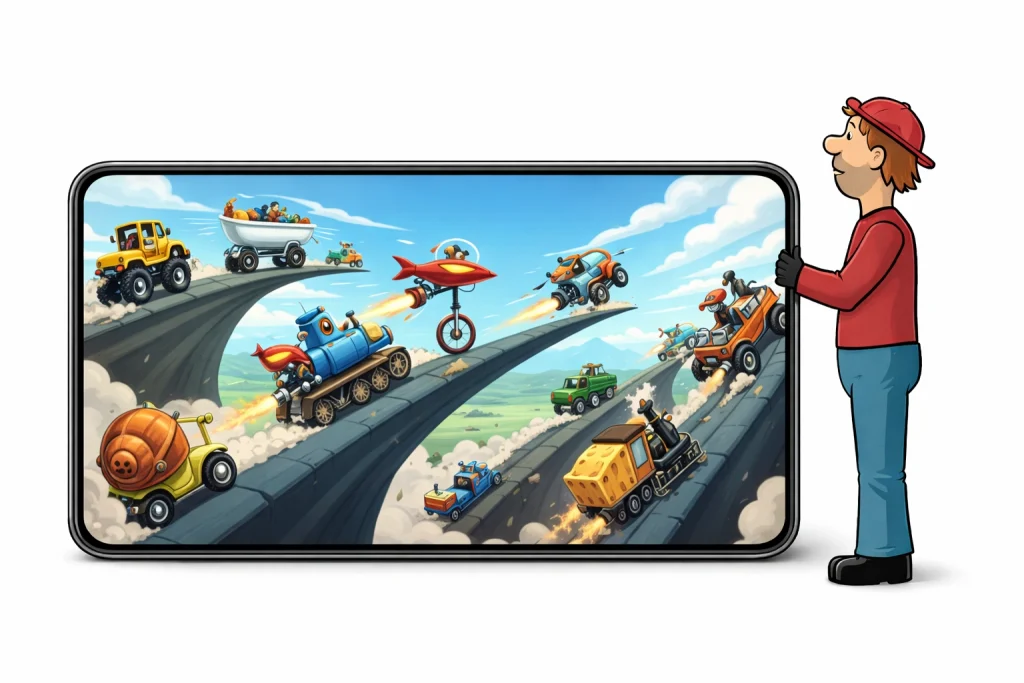 A variety of unique vehicles available in Hill Climb Racing on iOS