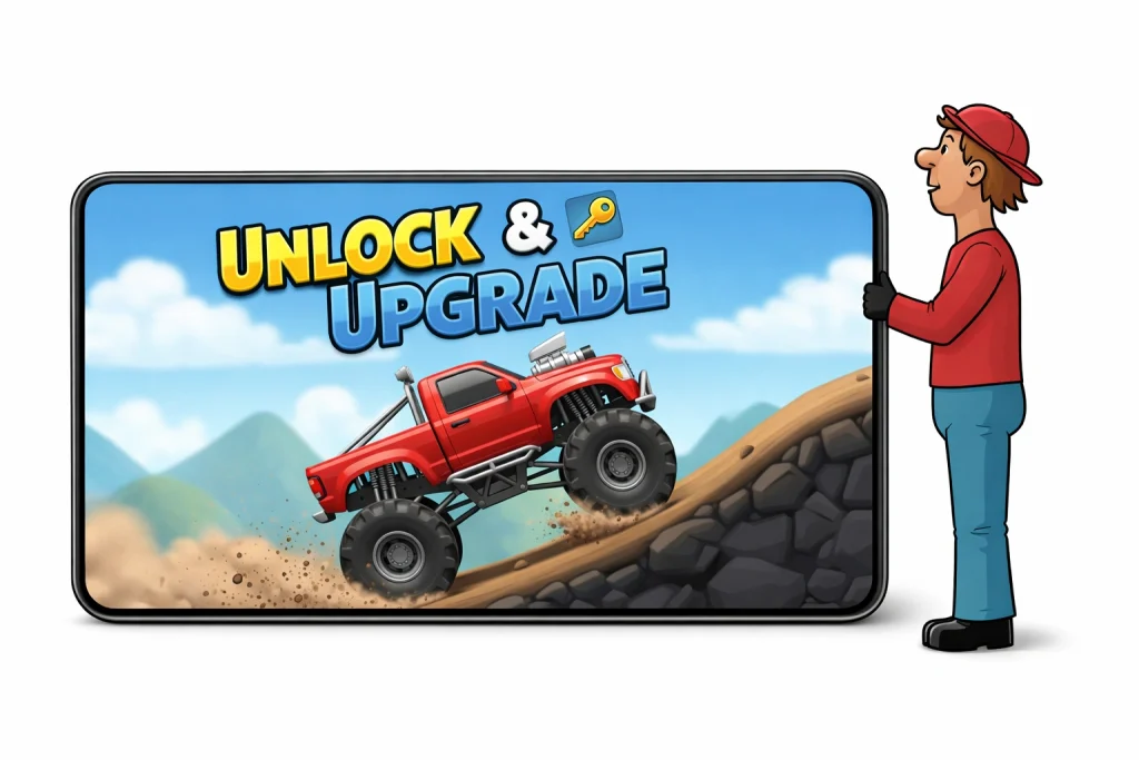 Hill Climb Racing interface showing vehicle upgrades and unlockable features on iPhone