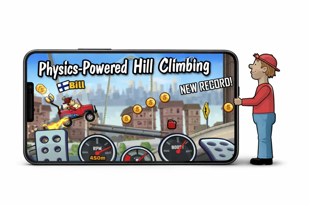 Hill Climb Racing MOD APK v1.69.3 2026 (Unlimited Money/Daimond And Fuel) 23 Vehicle climbing a slope demonstrating realistic physics and balance