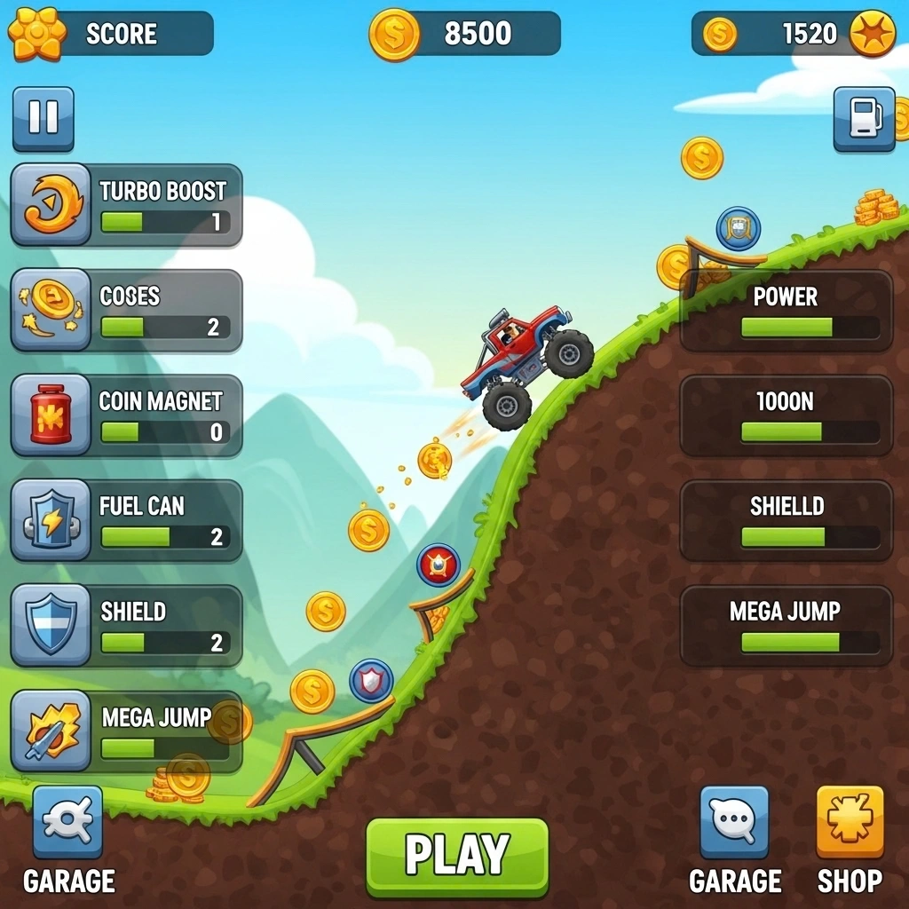 Hill Climb Racing MOD APK v1.69.3 2026 (Unlimited Money/Daimond And Fuel) 18 Car collecting speed boosters and fuel power-ups on a hill track