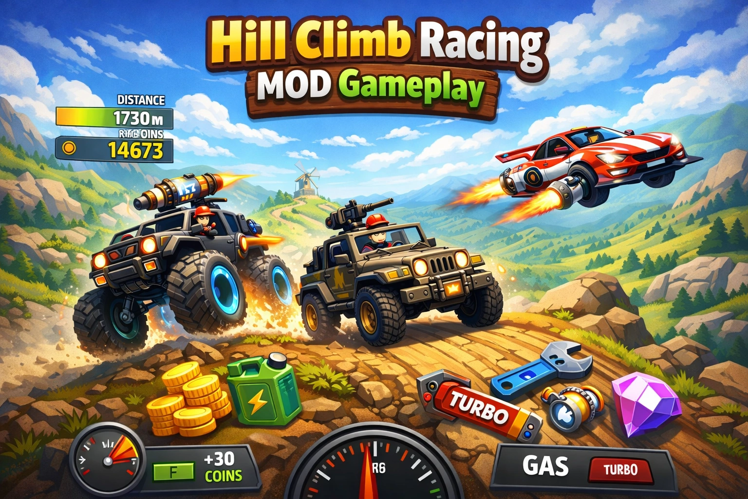 Hill Climb Racing MOD APK v1.69.3 2026 (Unlimited Money/Daimond And Fuel) 12 Off‑road vehicle climbing a steep hill while collecting coins in the modified game