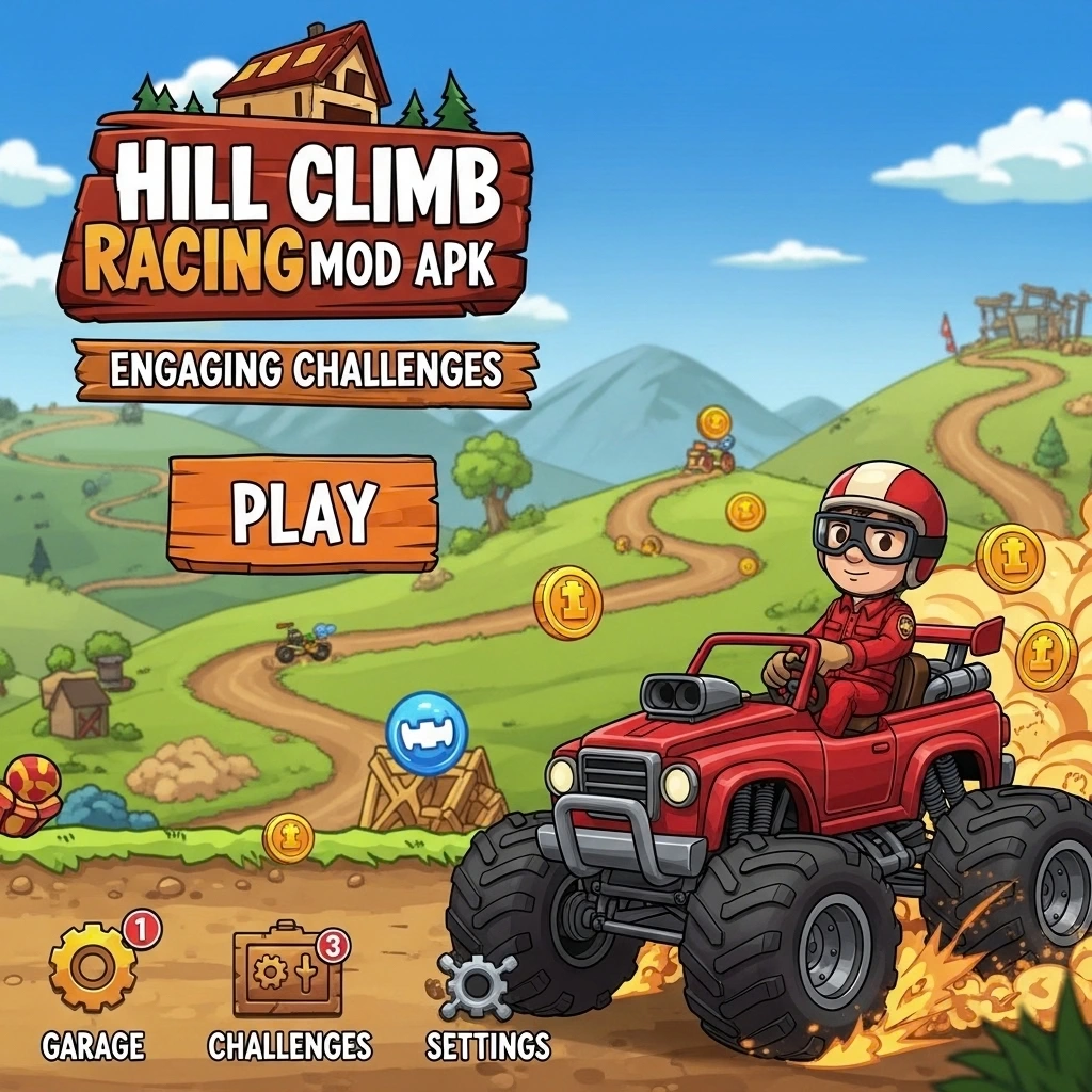 Hill Climb Racing MOD APK v1.69.3 2026 (Unlimited Money/Daimond And Fuel) 17 Player navigating a tricky obstacle-filled hill track in Hill Climb Racing