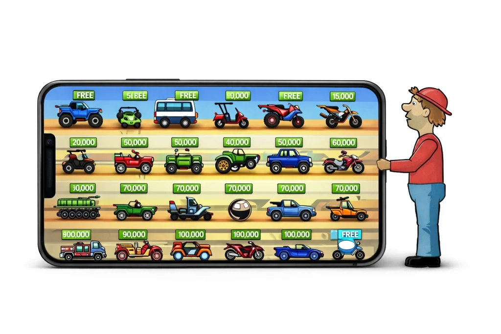 Hill Climb Racing MOD APK v1.69.3 2026 (Unlimited Money/Daimond And Fuel) 22 A variety of vehicles lined up for racing in Hill Climb Racing