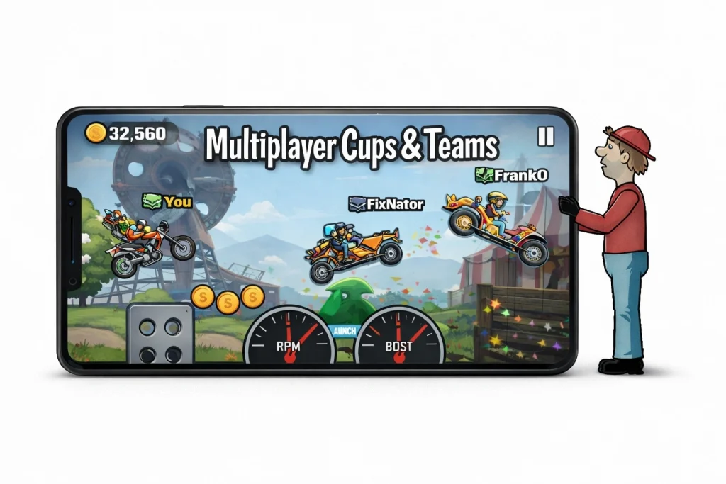 Hill Climb Racing MOD APK v1.69.3 2026 (Unlimited Money/Daimond And Fuel) 19 Different vehicles on varied tracks representing multiple gameplay modes