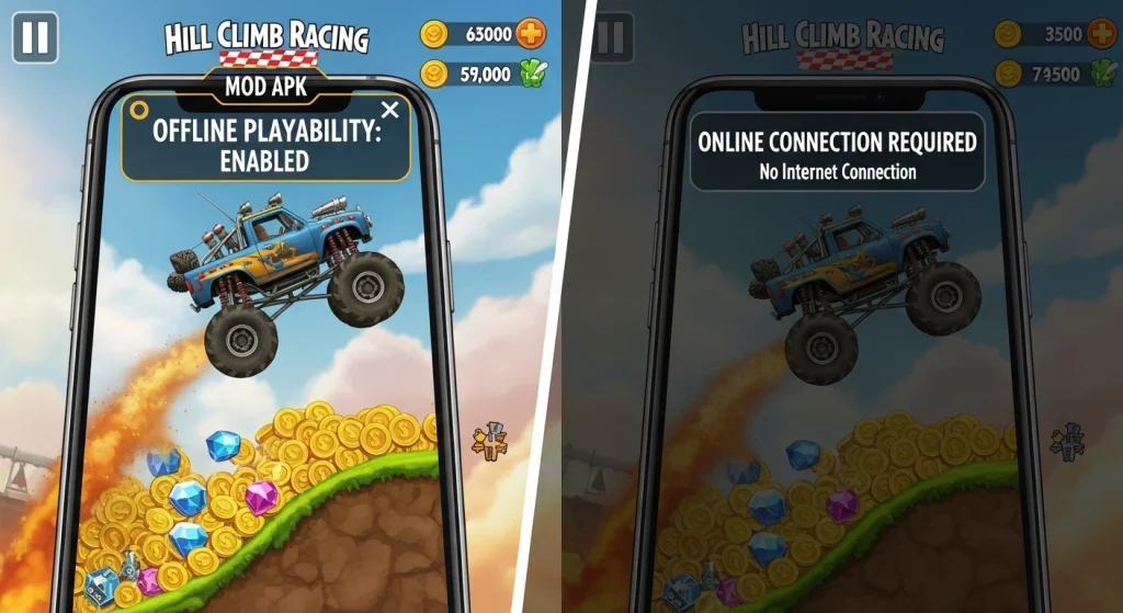 Hill Climb Racing MOD APK v1.69.3 2026 (Unlimited Money/Daimond And Fuel) 39 Vehicle driving on hills without internet connection in Hill Climb Racing