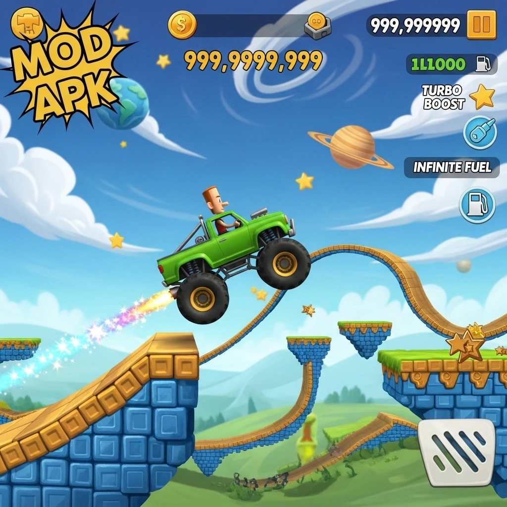 Hill Climb Racing MOD APK v1.69.3 2026 (Unlimited Money/Daimond And Fuel) 16 Vehicle speeding over a hill with dust and motion blur in Hill Climb Racing