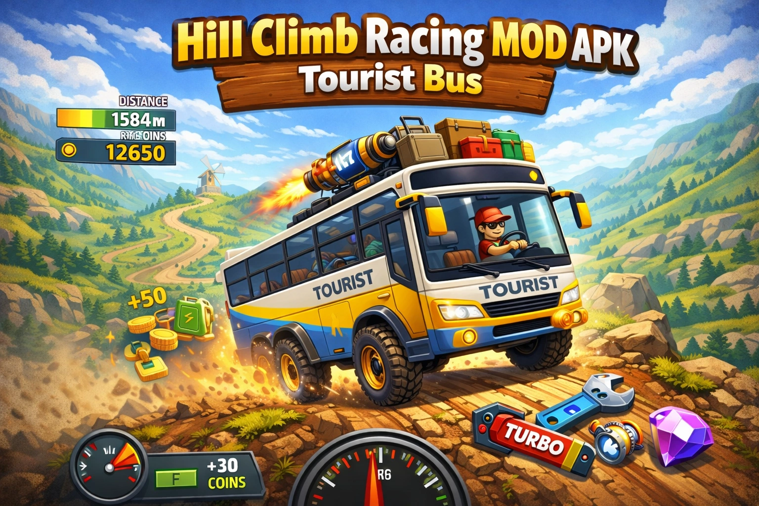 Hill Climb Racing MOD APK v1.69.3 2026 (Unlimited Money/Daimond And Fuel) 36 Large bus navigating hilly terrain in gameplay