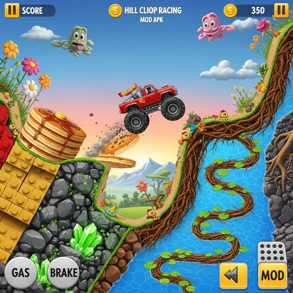 Hill Climb Racing MOD APK v1.69.3 2026 (Unlimited Money/Daimond And Fuel) 15 Scenic hill terrains with vehicles driving over slopes in Hill Climb Racing