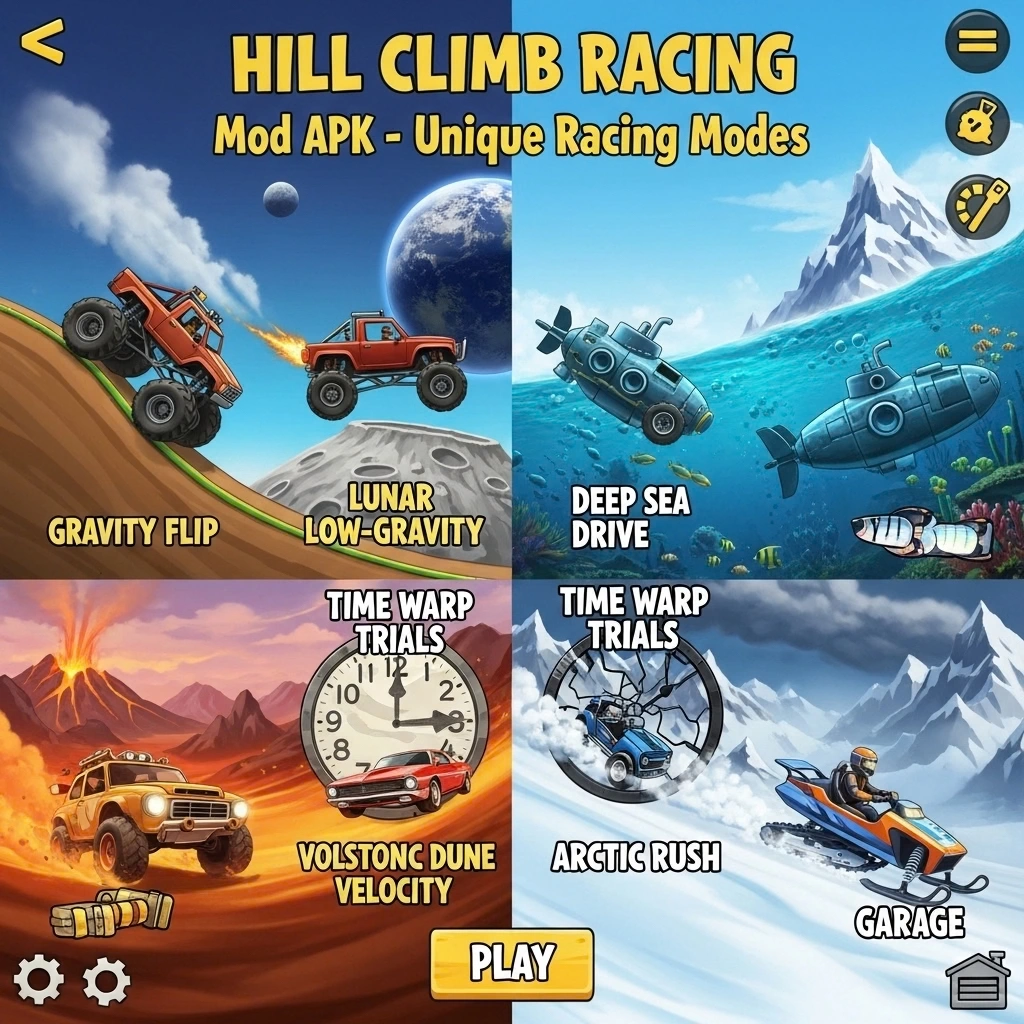 Hill Climb Racing MOD APK v1.69.3 2026 (Unlimited Money/Daimond And Fuel) 13 Multiple vehicles racing in different modes across varied terrain