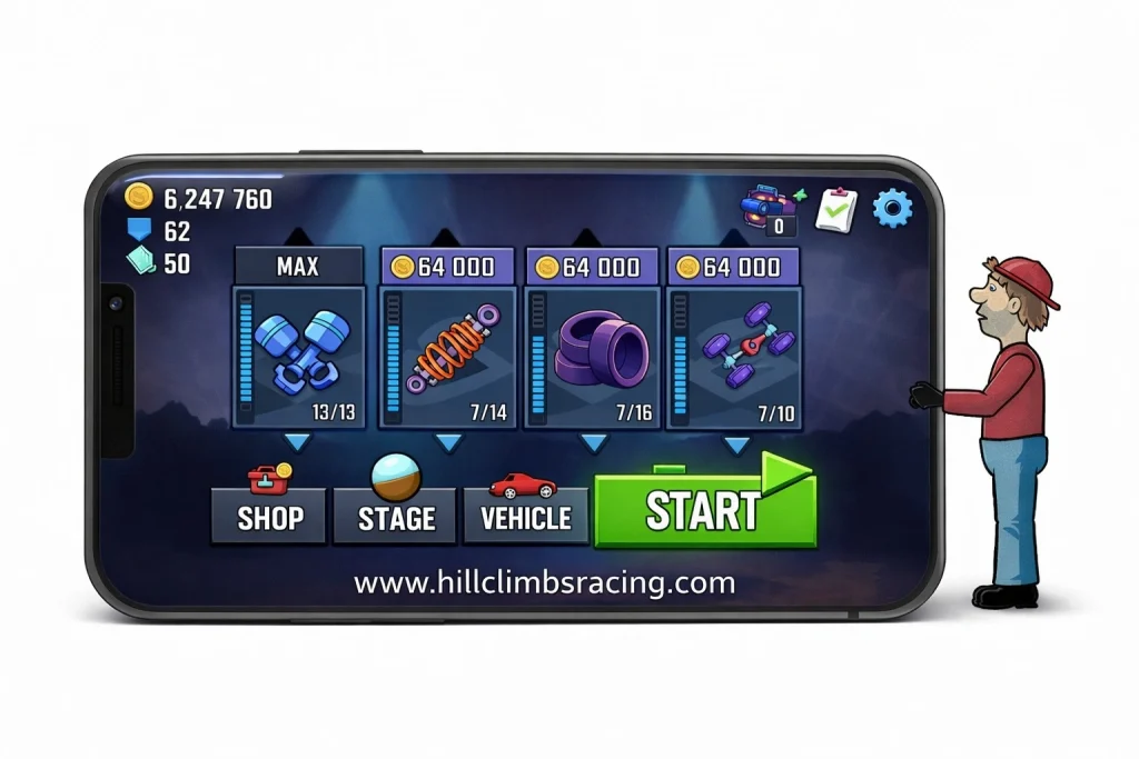 Hill Climb Racing MOD APK v1.69.3 2026 (Unlimited Money/Daimond And Fuel) 21 Various vehicles showing upgrades like wheels, engines, and suspensions