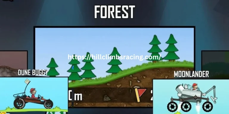 Hill Climb Racing MOD APK v1.69.3 2026 (Unlimited Money/Daimond And Fuel) 31 Vehicle driving through dense forest terrain with trees and hills