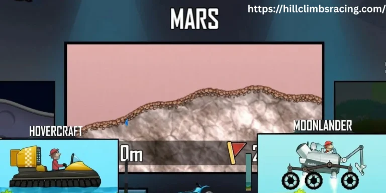 Hill Climb Racing MOD APK v1.69.3 2026 (Unlimited Money/Daimond And Fuel) 30 Vehicle driving on red Martian terrain with rocks and slopes