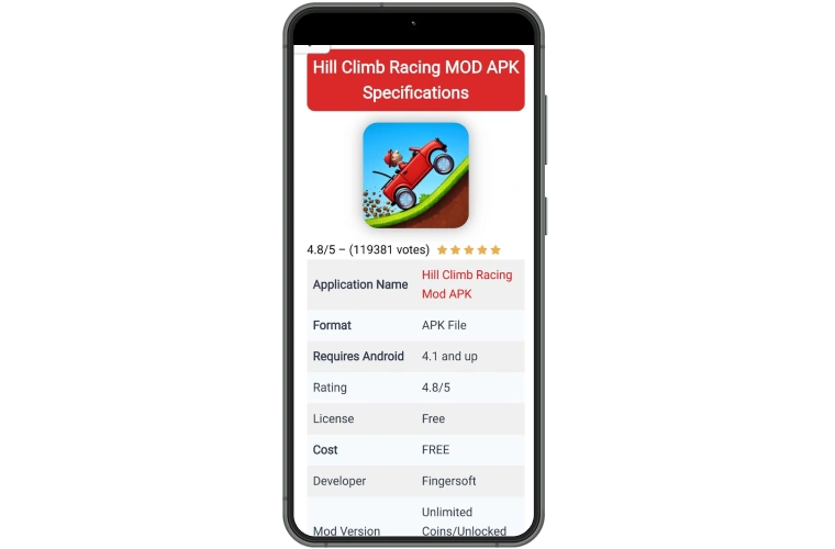 Hill Climb Racing MOD APK v1.69.3 2026 (Unlimited Money/Daimond And Fuel) 9 Android screen showing the latest MOD APK download page for Hill Climb Racing