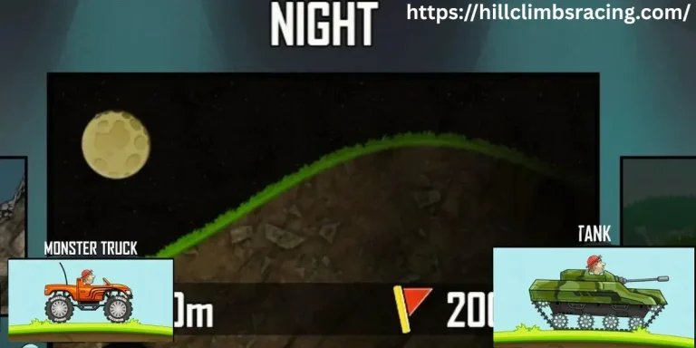 Hill Climb Racing MOD APK v1.69.3 2026 (Unlimited Money/Daimond And Fuel) 33 Vehicle driving through dark terrain with moonlight and headlights