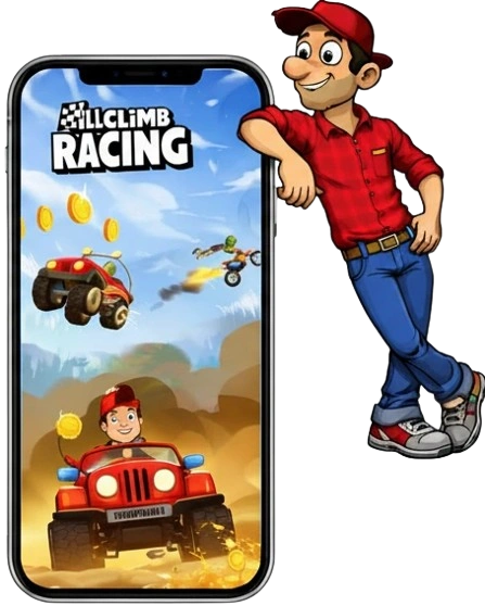 Hill Climb Racing MOD APK v1.69.3 2026 (Unlimited Money/Daimond And Fuel) 1 Player driving a jeep over hills and obstacles in Hill Climb Racing mobile gameplay